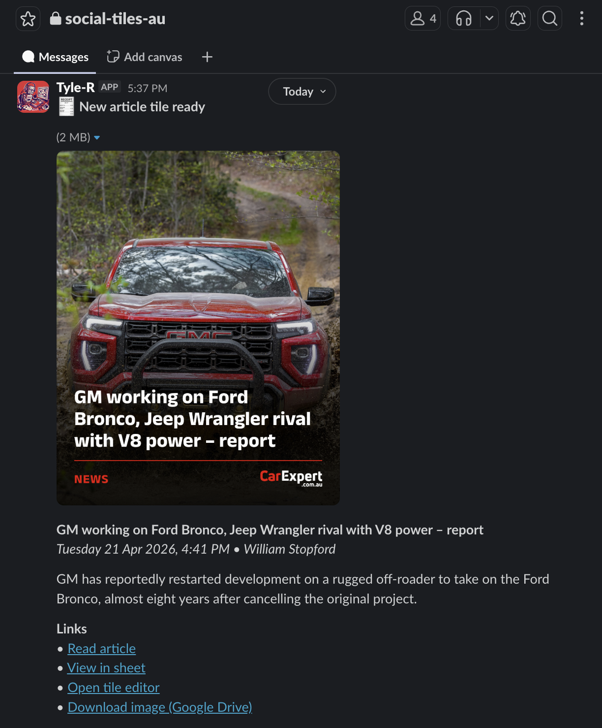 A slack notification for a new social tile